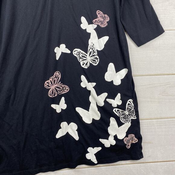 Soma Sleepshirt Sz L Black Butterflies Cotton Pajamas Night Gown 1/4 Button - Picture 2 of 9